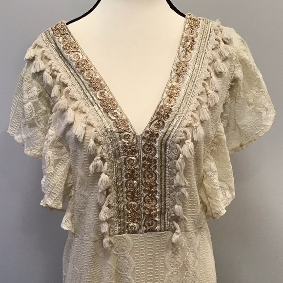 Vanessa Alexandra Romantic Sheer Lace Maxi Dress Flutter Embroidered Tassels Med - Picture 8 of 16